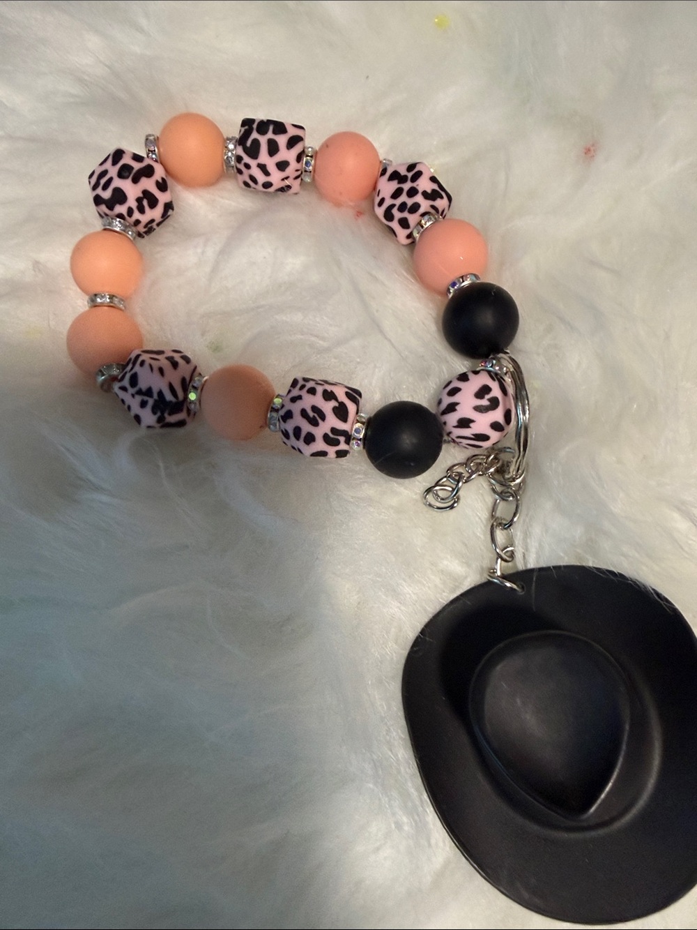 Pink Leopard Bead Bracelet Keychain with Black Hat Charm